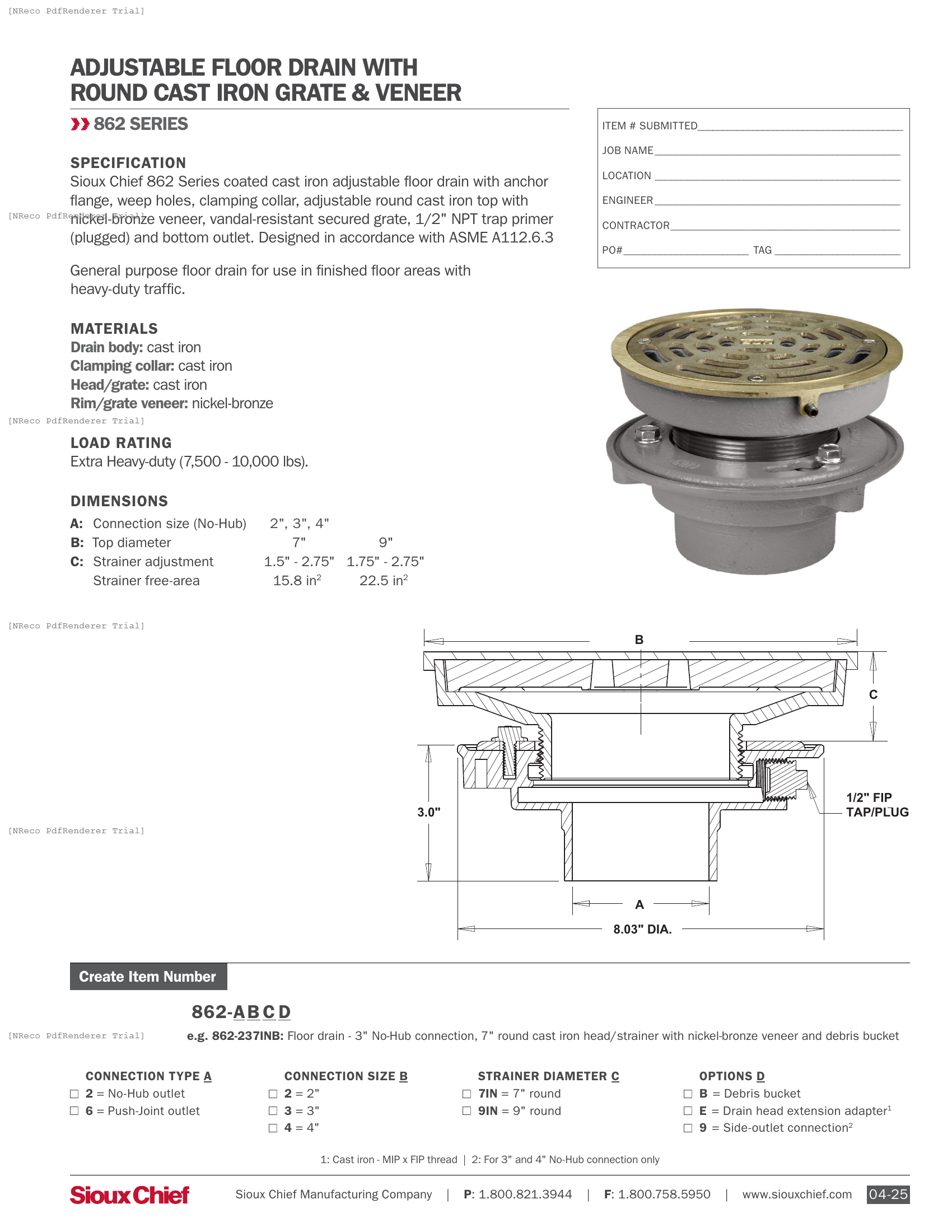 862 SERIES - ADJUSTABLE FLOOR DRAIN WITH ROUND HD GRATE & NB VENEER - SPEC SHEET.PDF Specification Document